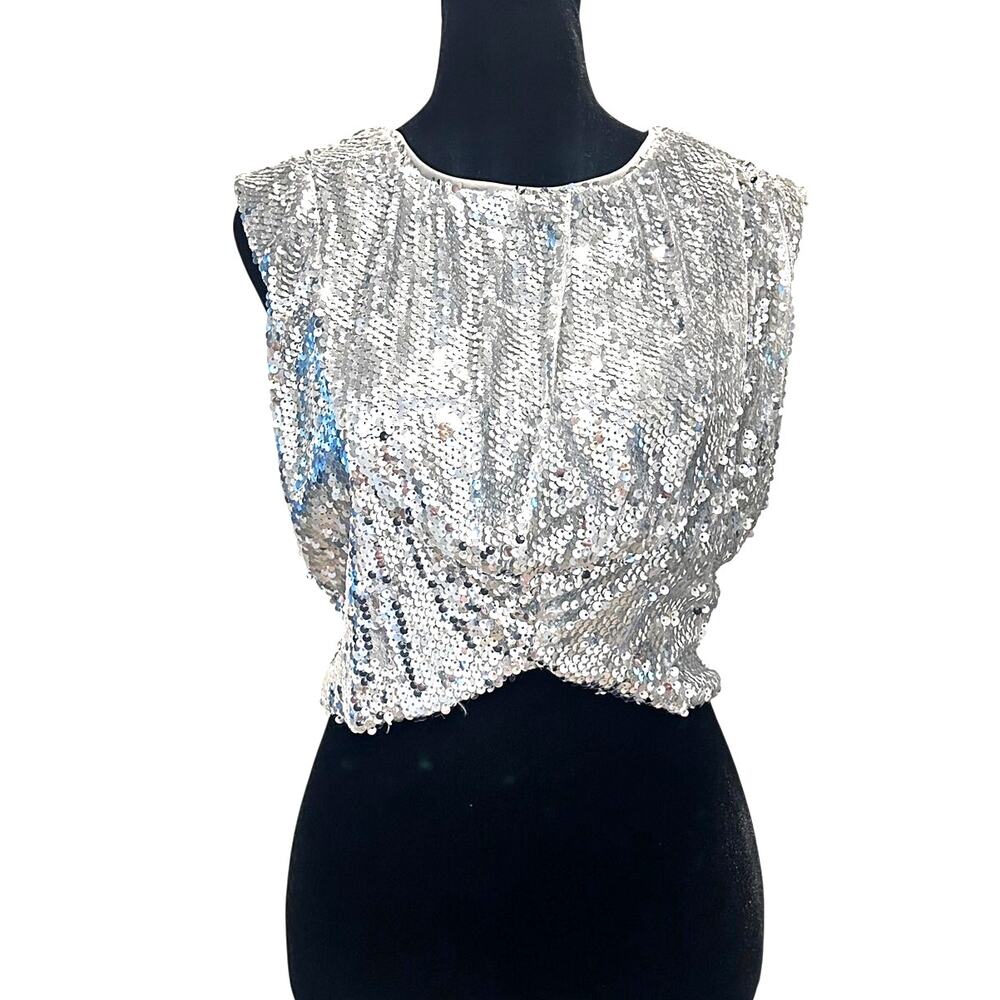 NWOT Forever 21 Silver Sequin Crop Top Size L Party Club Disco